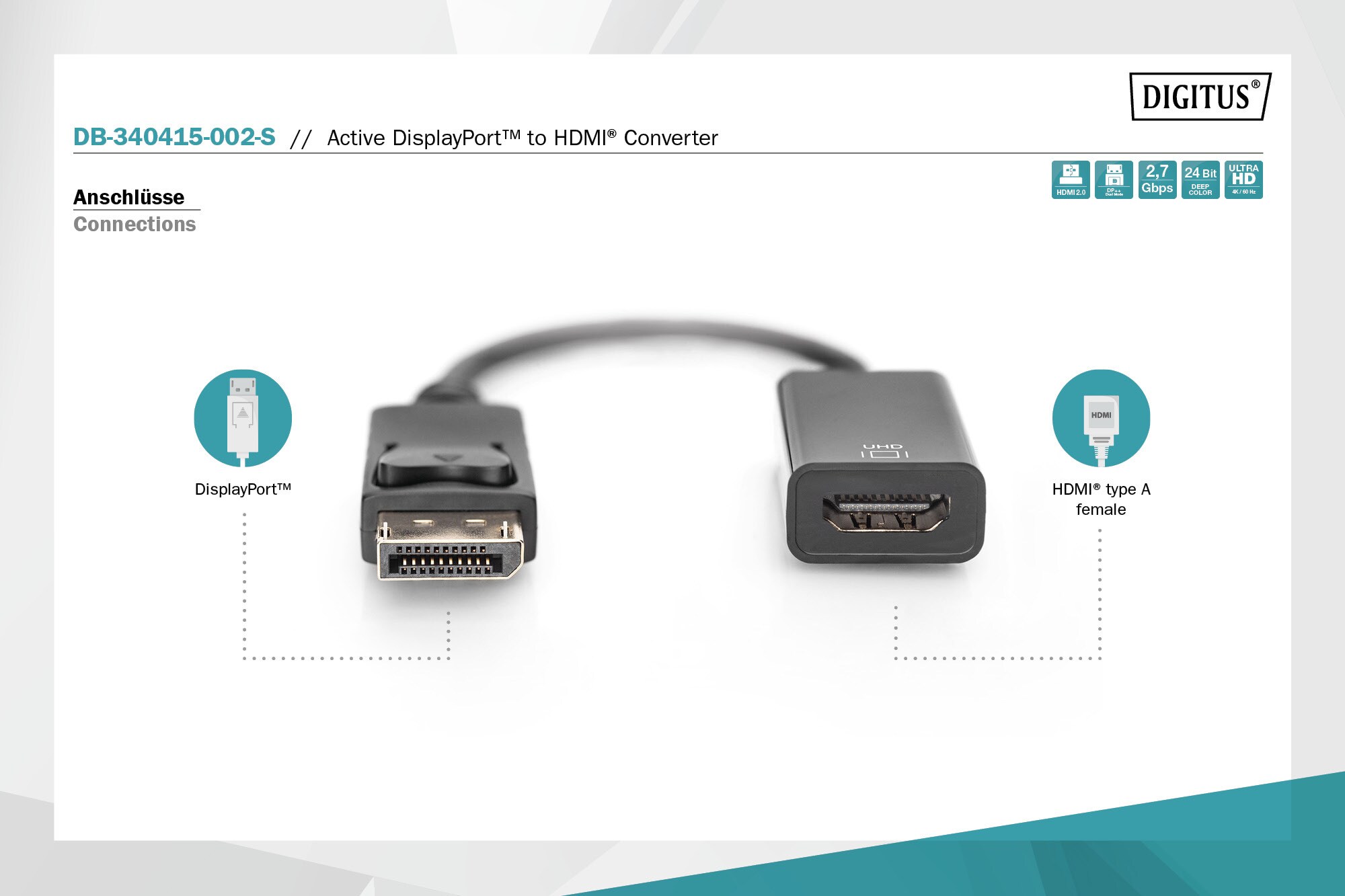 DIGITUS DisplayPort Adapter/Konverter, DisplayPort - HDMI Typ A St/Bu, 0,2m