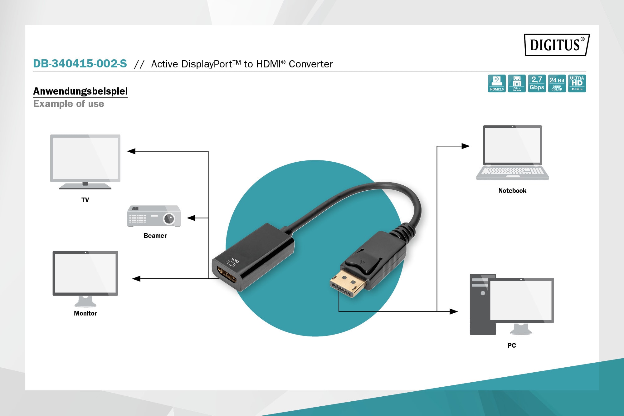 DIGITUS DisplayPort Adapter/Konverter, DisplayPort - HDMI Typ A St/Bu, 0,2m