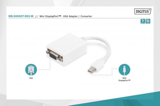 DIGITUS DB-340407-001-W DisplayPort Adapterkabel, mini DP - HD15 St/Bu, 0.15m