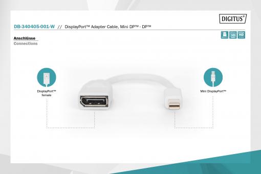 DIGITUS DB-340405-001-W DisplayPort Adapterkabel, mini DP - DP St/Bu, 0.15m