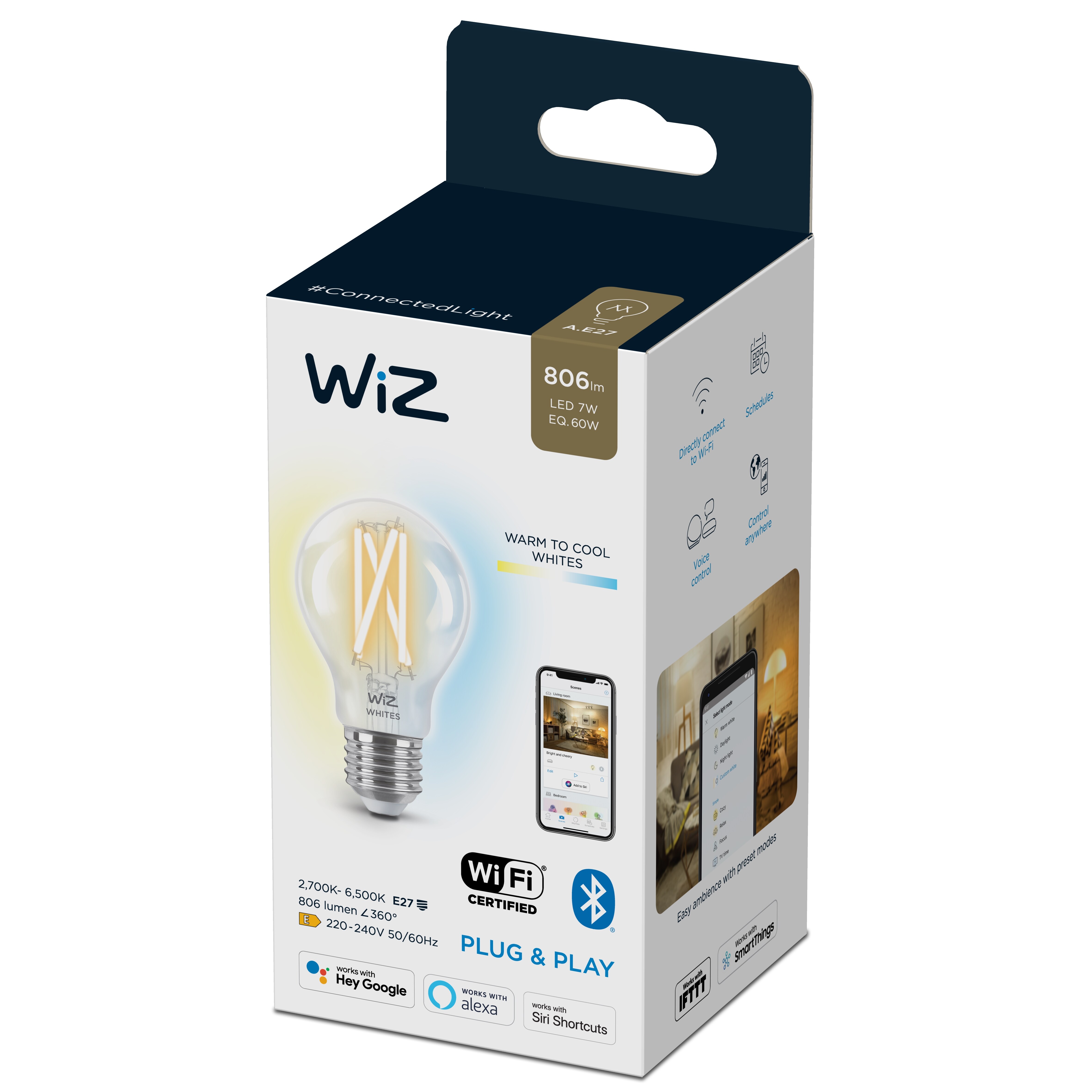 WiZ smarte Filament Lampe mit warmweißem bis kaltweißem Licht A60 E27 Wi-Fi