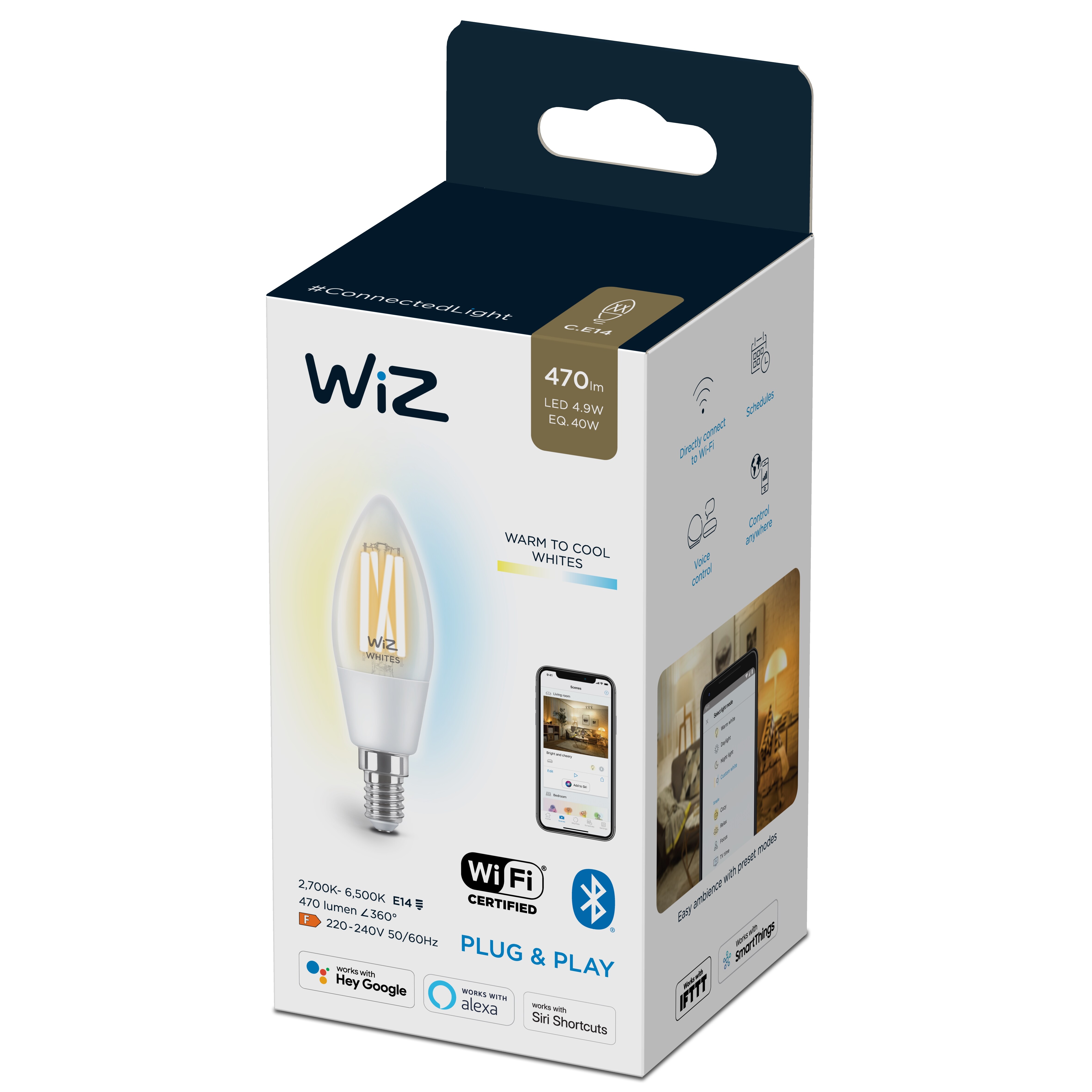 WiZ smarte Filament Lampe mit kaltweißem bis warmweißem Licht Kerzenform E14