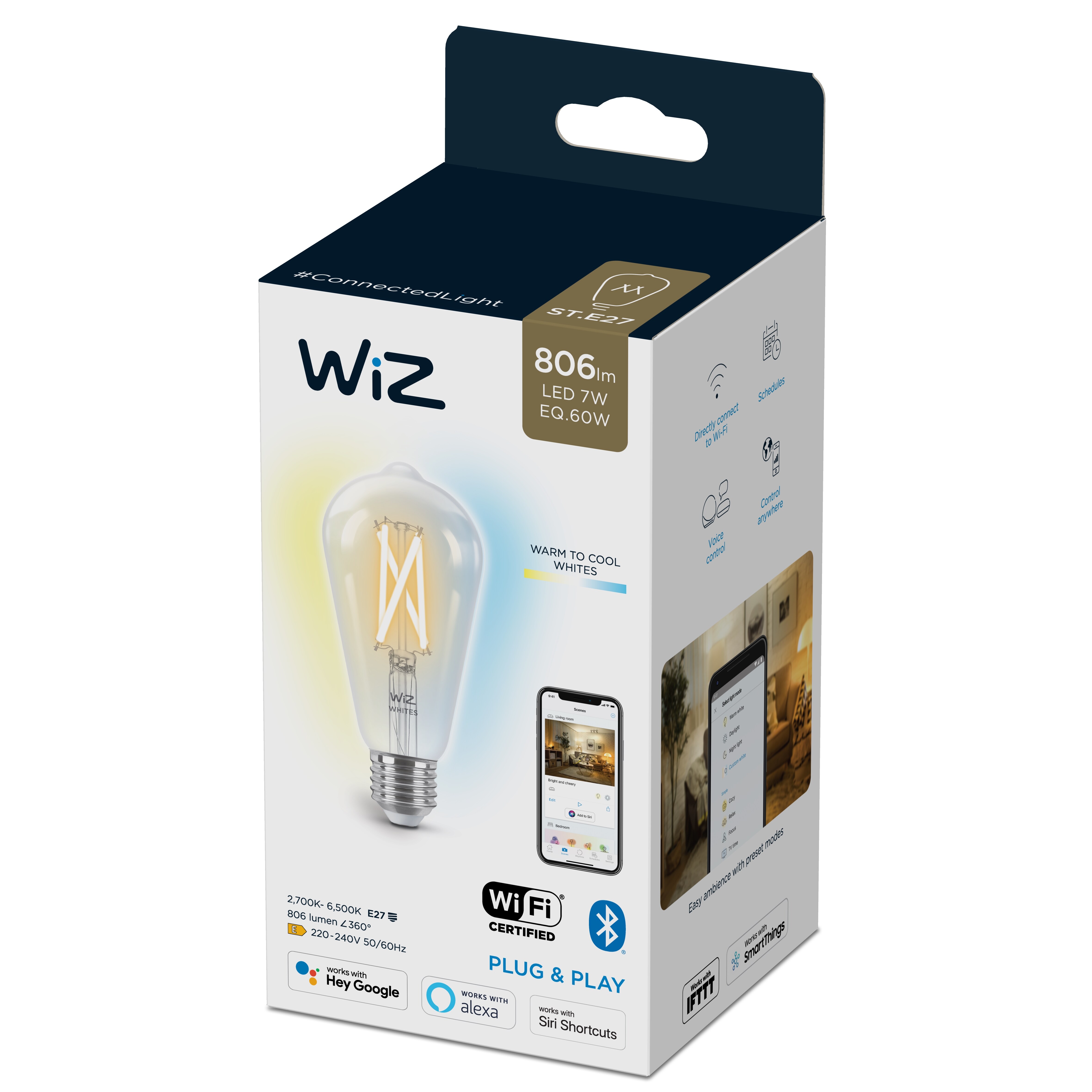 WiZ smarte Filament Lampe mit kaltweißem bis warmweißem Licht Edisonform E27