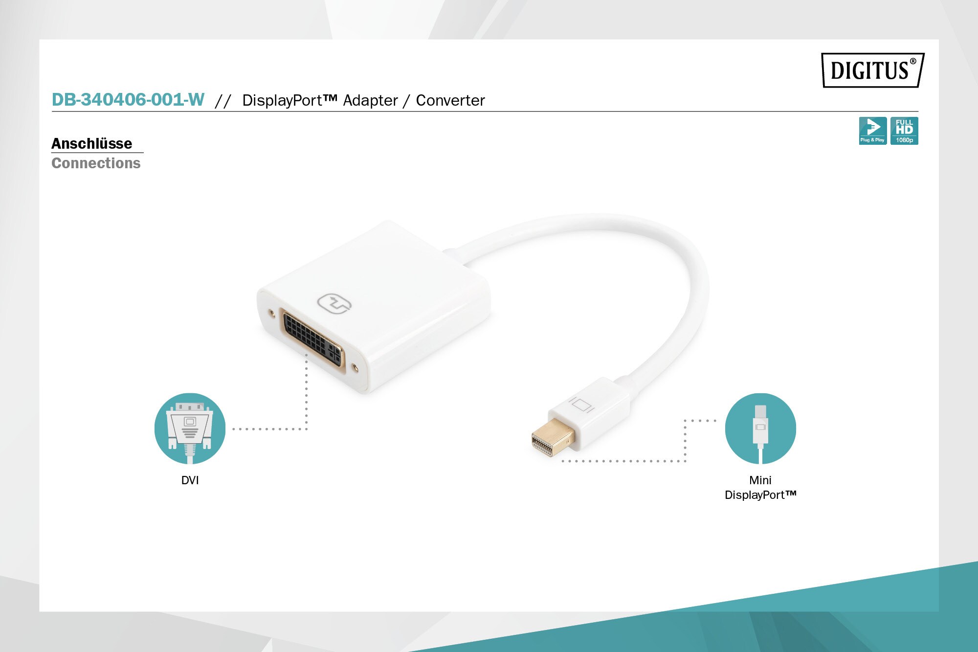 DIGITUS DisplayPort Adapterkabel, mini DP - DVI (24+5) St/Bu, 0.15m