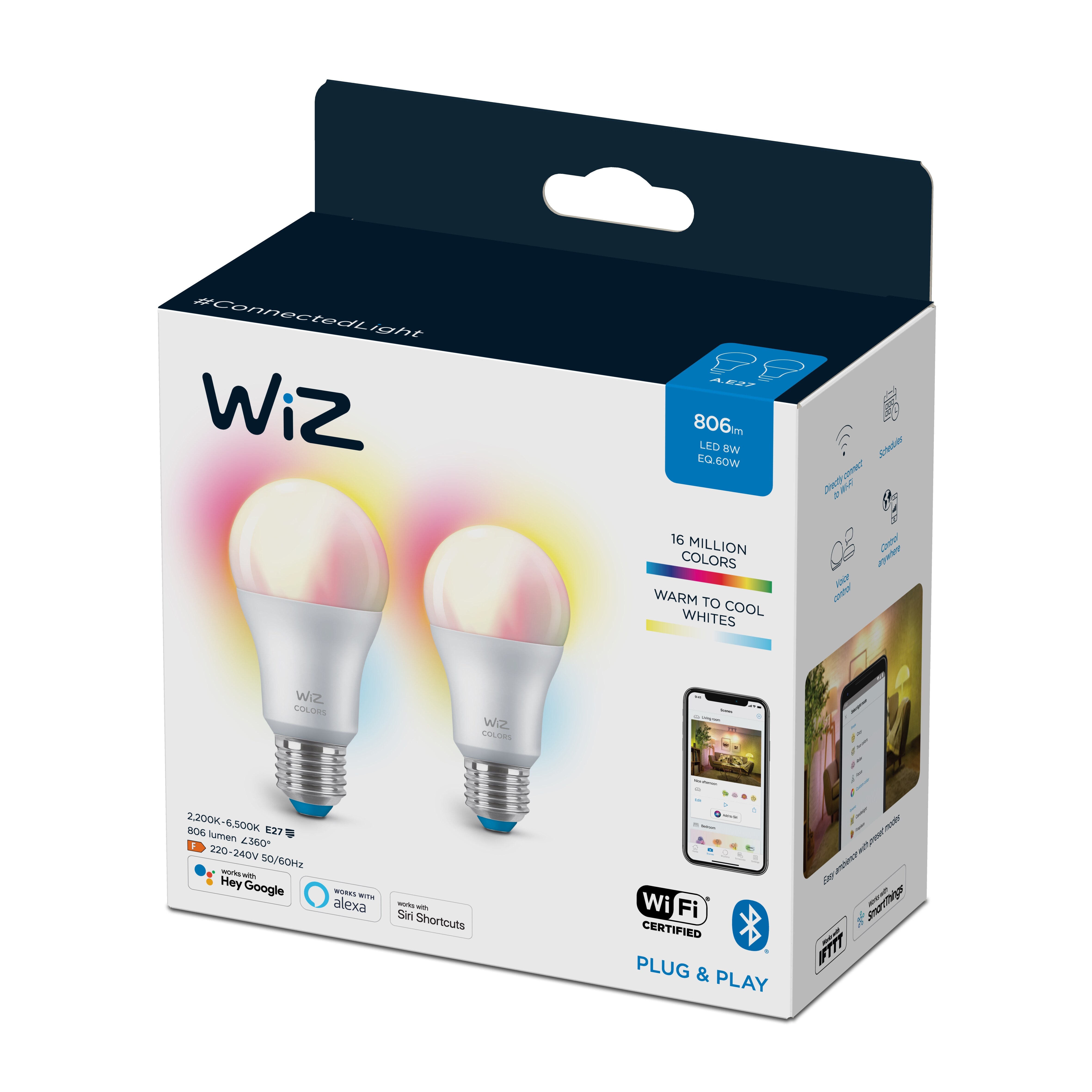 WiZ Wi-Fi BLE 60W A60 E27 922-65 RGB 2PF/6