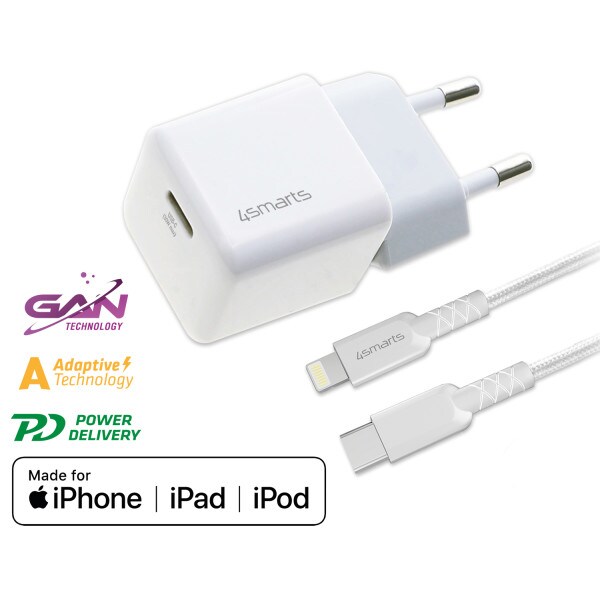 4smarts Netzladegerät VoltPlug Mini PD 30W QuickCharge AFC USB-C/Lightning weiß