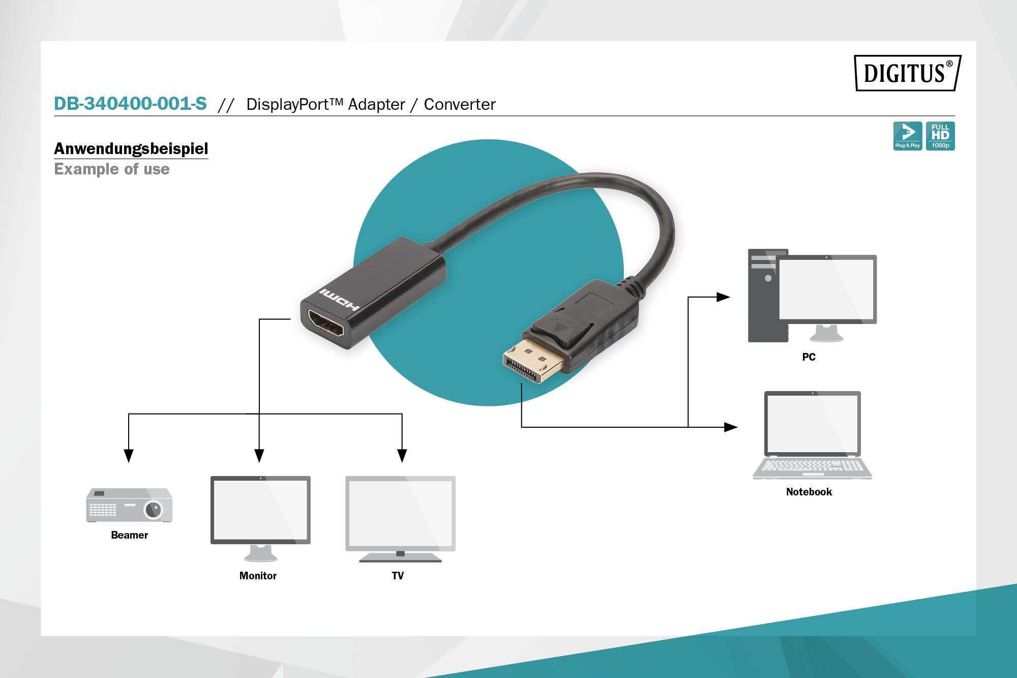 DIGITUS DisplayPort Adapter/Konverter, DP-HDMI Typ A St/Bu, 0.15m