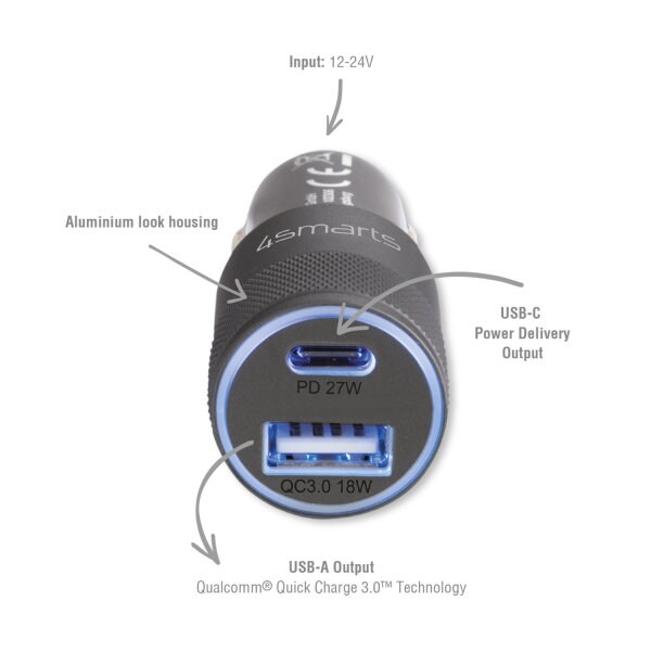 4smarts Kfz Ladegerät Rapid+ 27W mit Quick Charge, PD, grau / schwarz