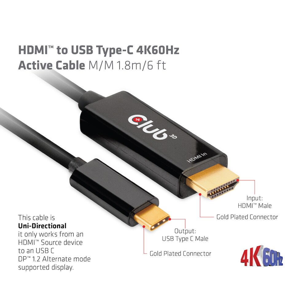 Club 3D HDMI auf USB-Typ-C 4K60Hz aktives Kabel St./St. 1,8m