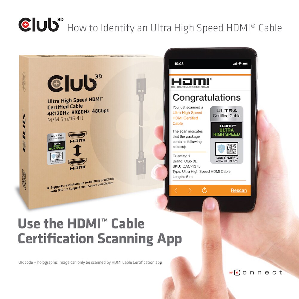 Club 3D Ultra High Speed HDMI™ 4K120Hz, 8K60Hz Zertifiziertes Kabel 48Gbps St/5m