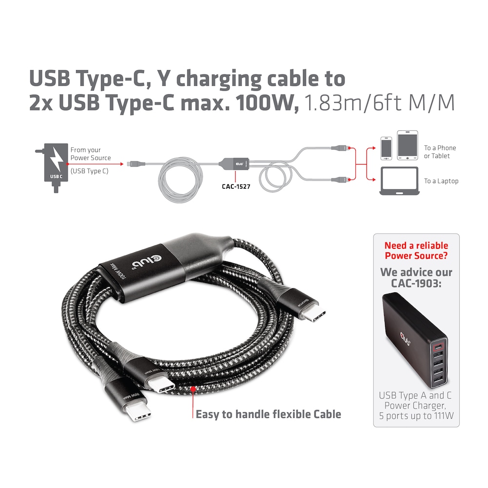 Club 3D USB-Typ-C, Y-Ladekabel auf 2x USB-Typ-C max. 100W, 1,83m St/St