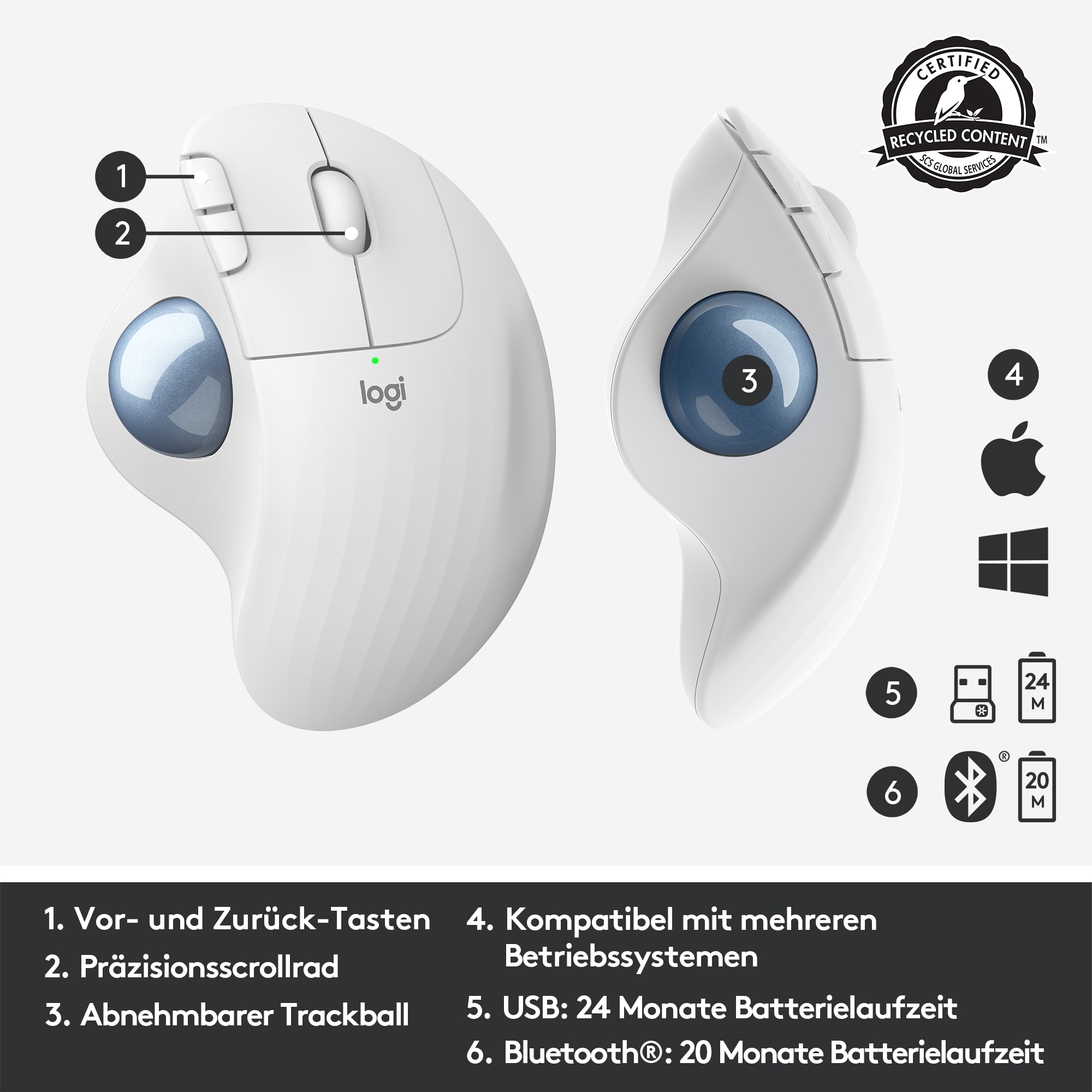 Logitech ERGO M575 Kabellose Trackball Maus Weiß