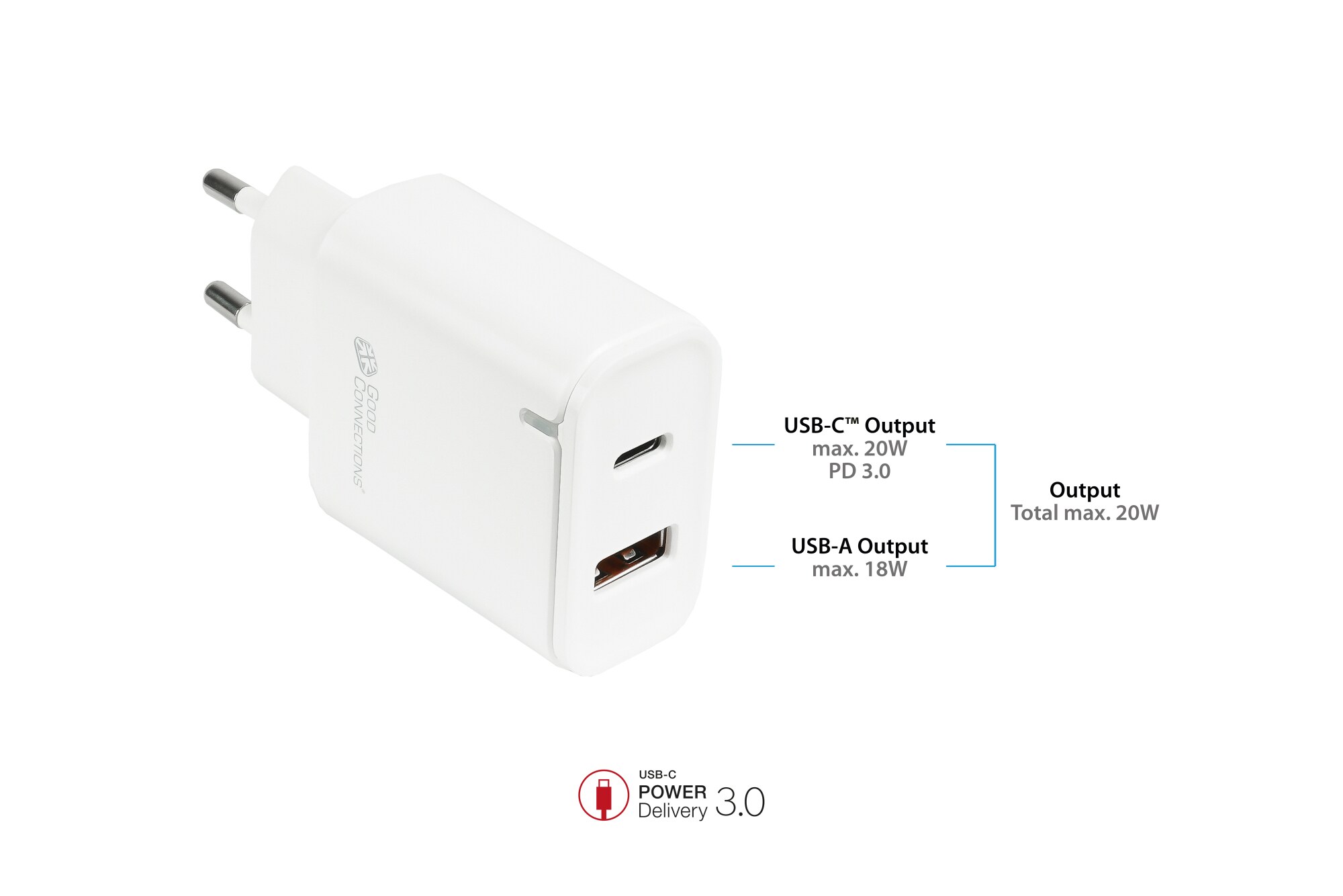 Good Connection USB-Schnellladegerät 20W 2-Port USB-C/A PD weiß