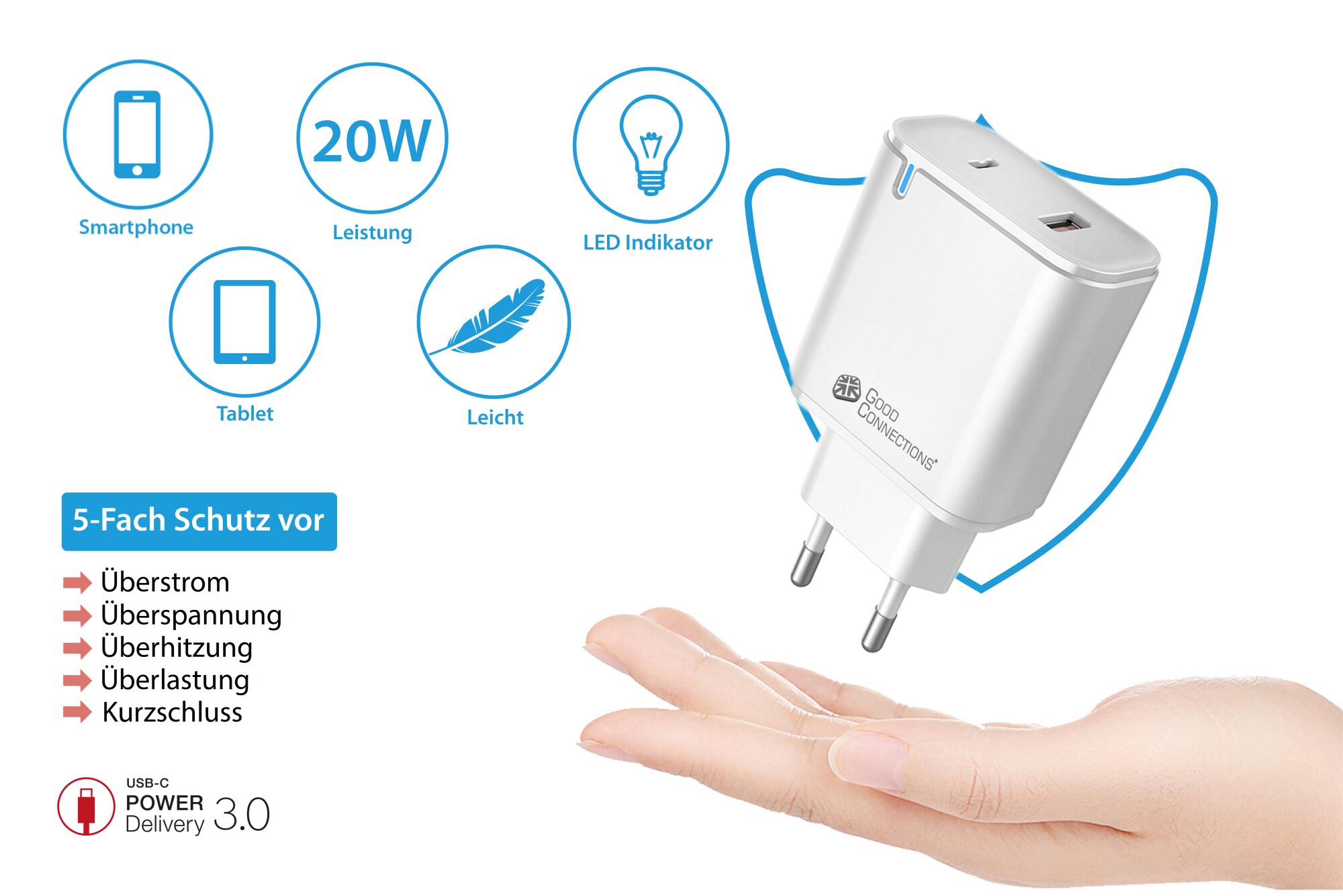 Good Connection USB-Schnellladegerät 20W 2-Port USB-C/A PD weiß