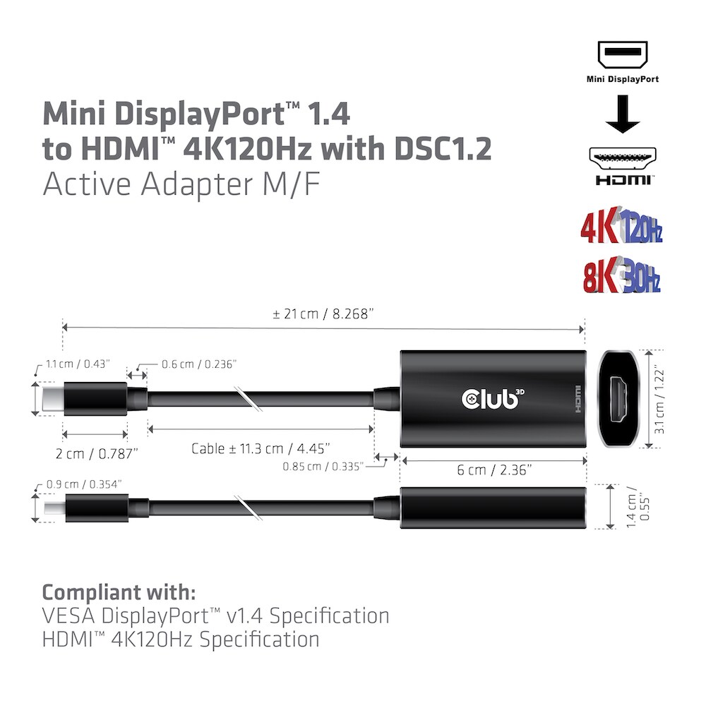 Club 3D DisplayPort™1.4 auf HDMI™ 4K120Hz DSC1.2 Aktiver Adapter St./B.