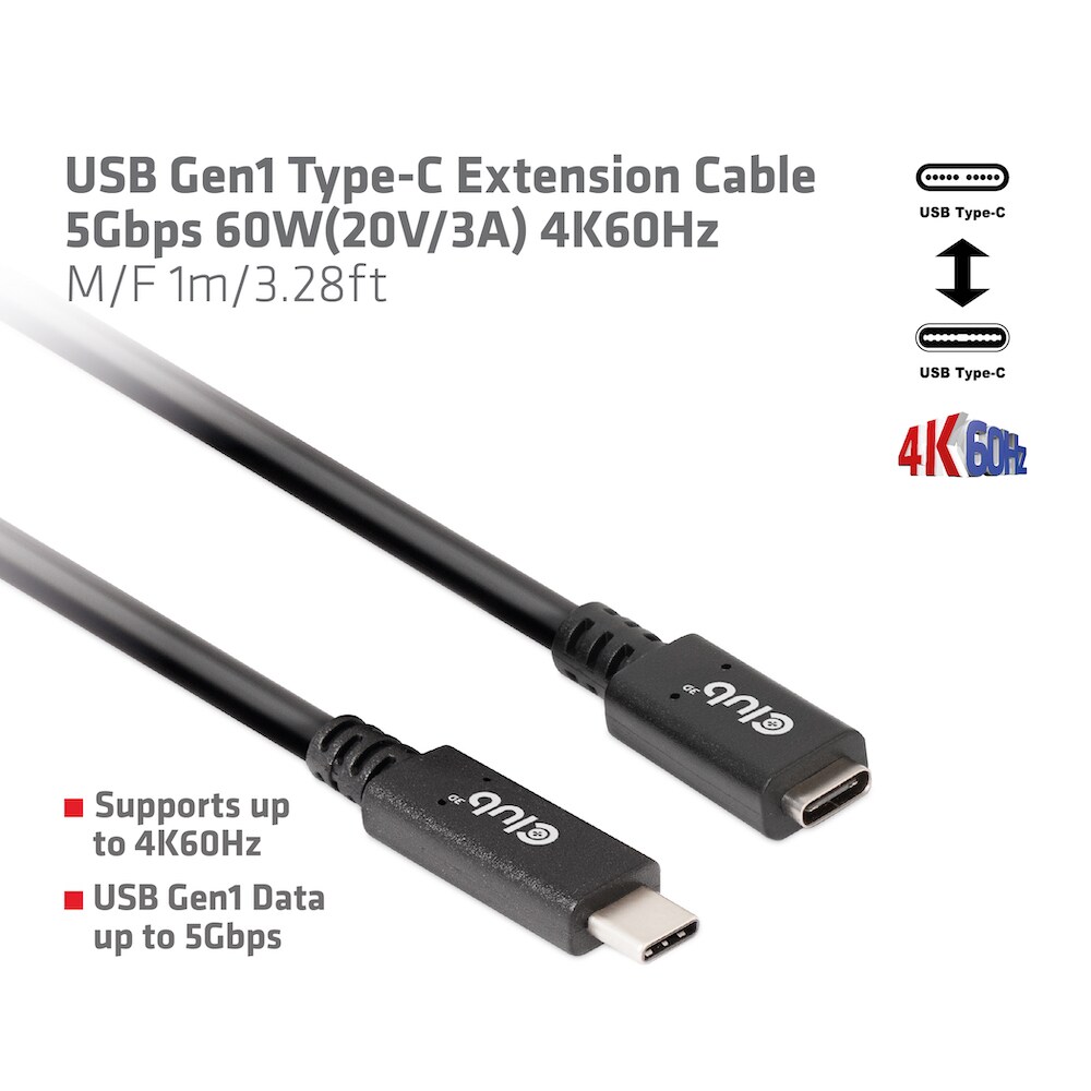 Club 3D USB-Typ-C Gen1 Verlängerungskabel 5Gbps 60W(20V/3A) 4K60Hz St./B 1m