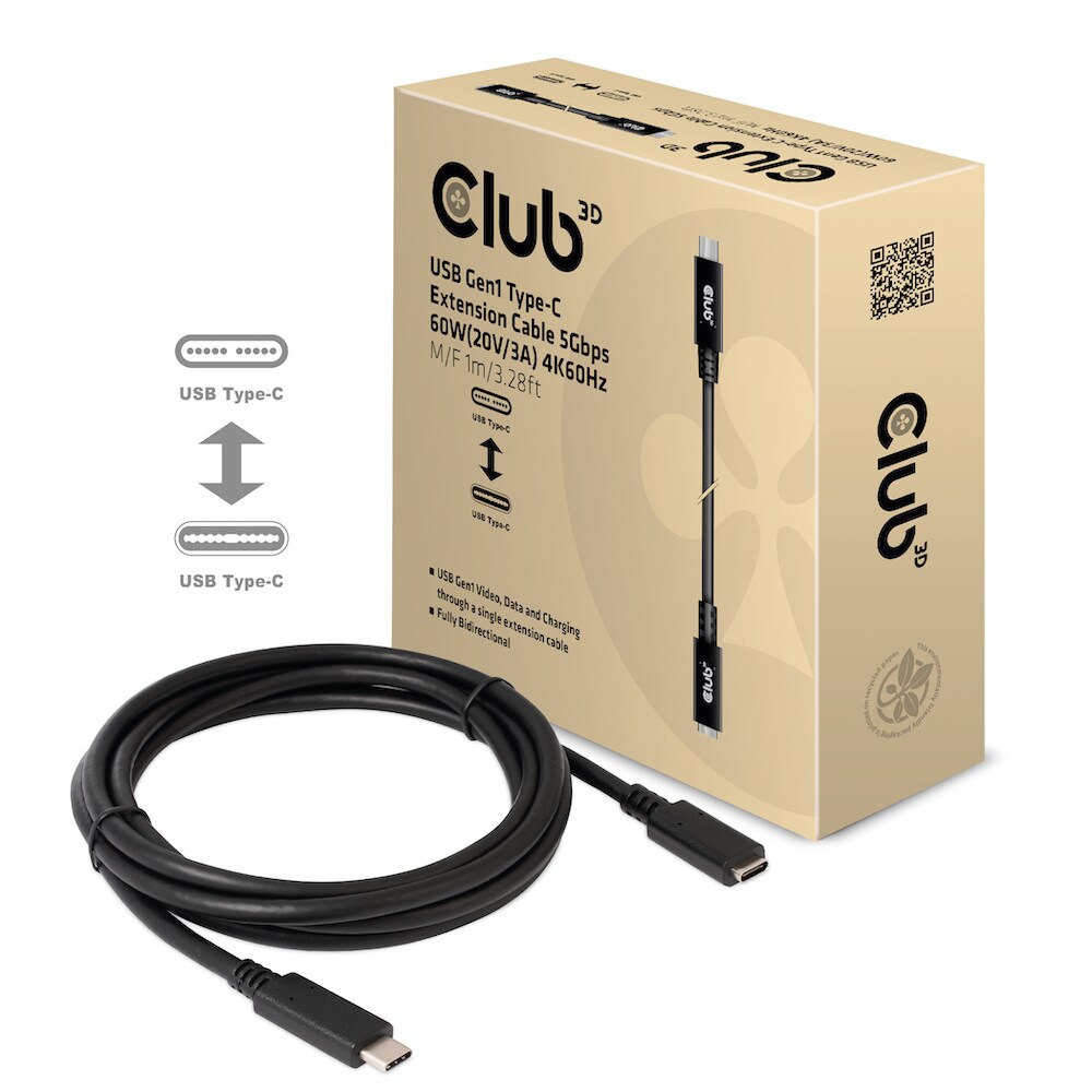 Club 3D USB-Typ-C Gen1 Verlängerungskabel 5Gbps 60W(20V/3A) 4K60Hz St./B 1m