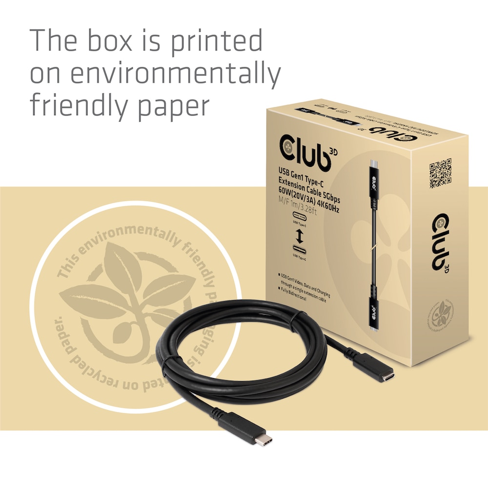 Club 3D USB-Typ-C Gen1 Verlängerungskabel 5Gbps 60W(20V/3A) 4K60Hz St./B 1m