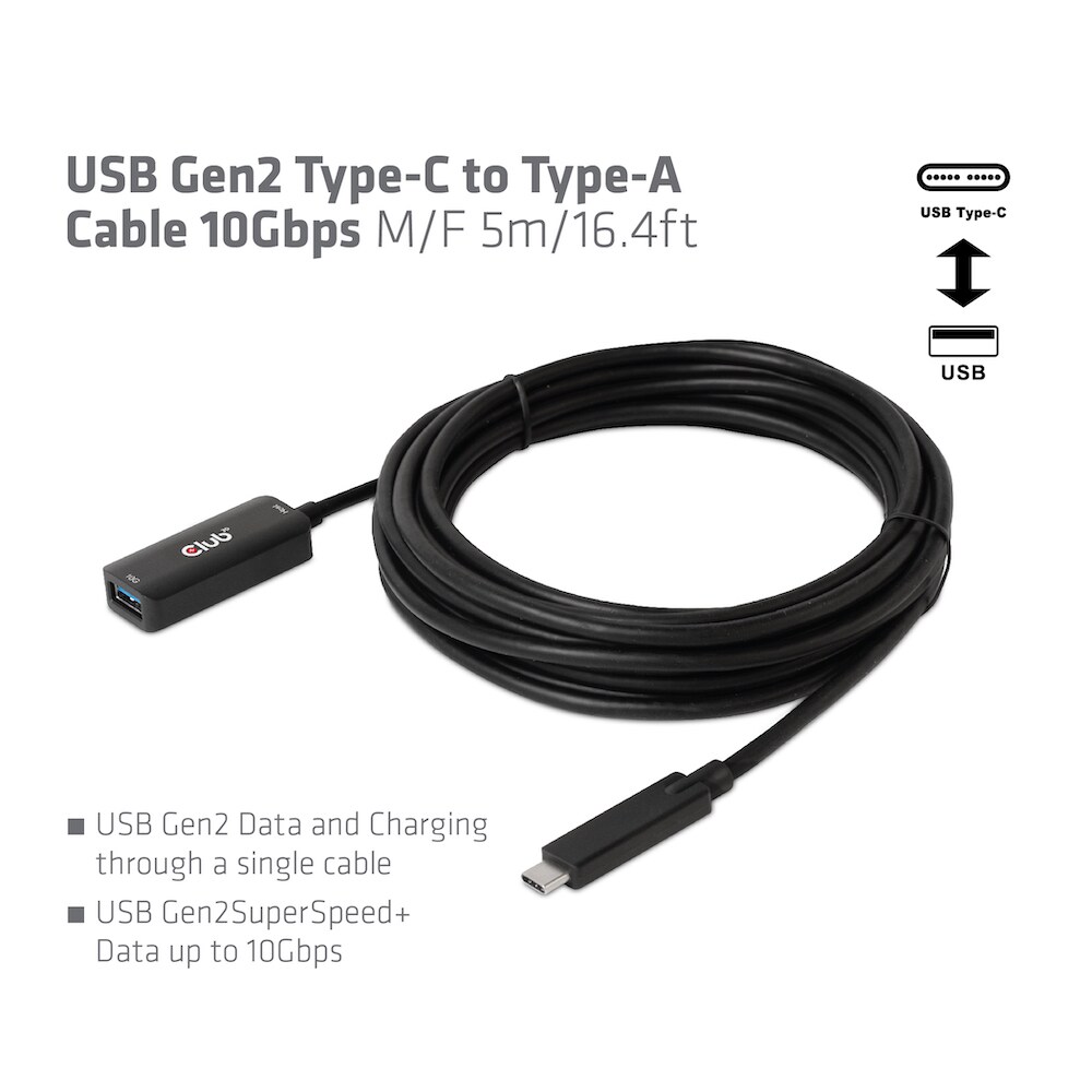 Club 3D USB Gen2 Typ-C zu Typ-A Kabel 10Gbps 5m Bu./St.