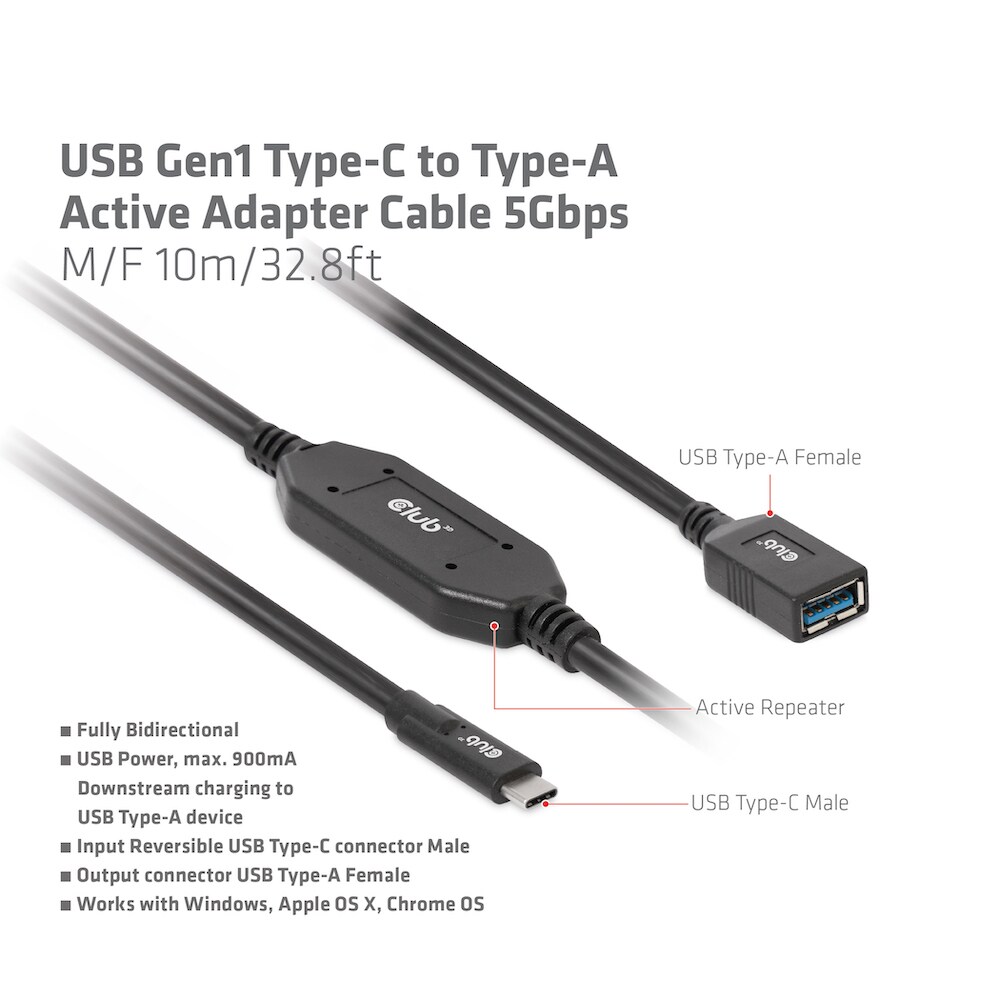 Club 3D USB Gen2 Typ-C zu Typ-A aktives Kabel 10Gbps 10m Bu./St.