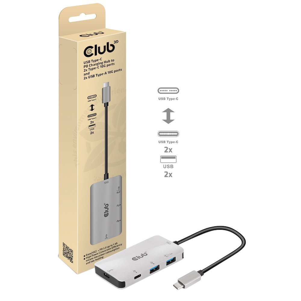 Club 3D USB Gen2 Typ-C PD Lade-Hub auf 2x Typ-C 10G Ports und 2x USB-Typ-A 10G