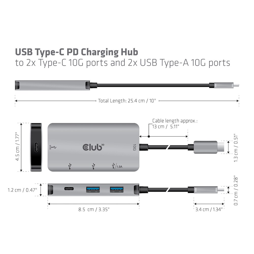 Club 3D USB Gen2 Typ-C PD Lade-Hub auf 2x Typ-C 10G Ports und 2x USB-Typ-A 10G