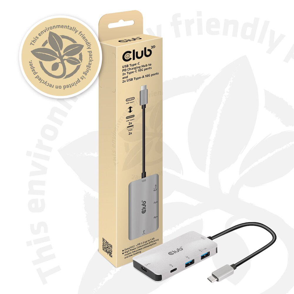 Club 3D USB Gen2 Typ-C PD Lade-Hub auf 2x Typ-C 10G Ports und 2x USB-Typ-A 10G