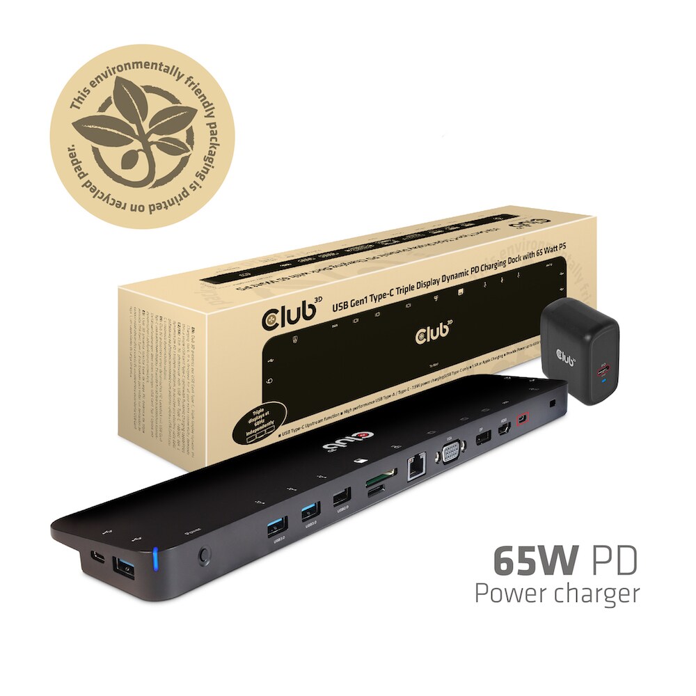 Club 3D USB Gen1 Typ-C Triple Display Dynamic PD Charging Dock m. 65 Watt