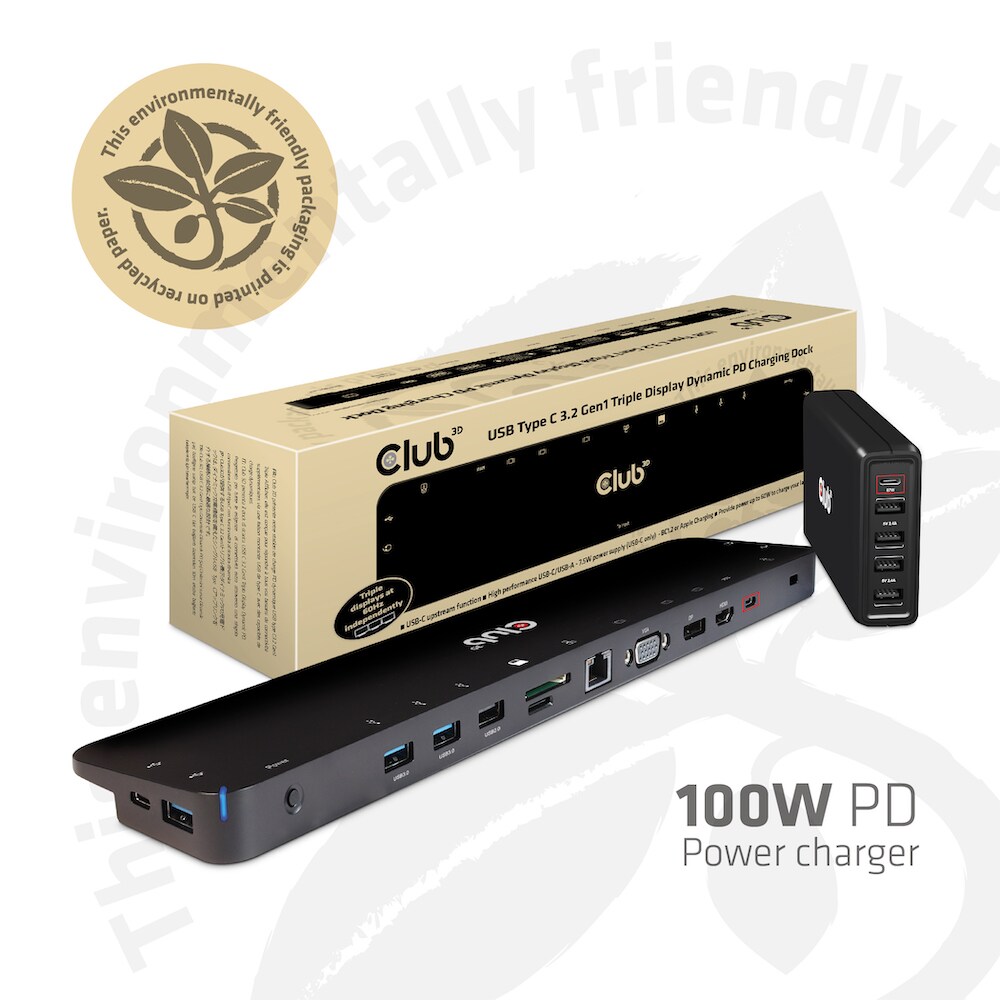 Club 3D USB Gen1 Typ-C Triple Display Dynamic PD Charging Dock m. 100 Watt