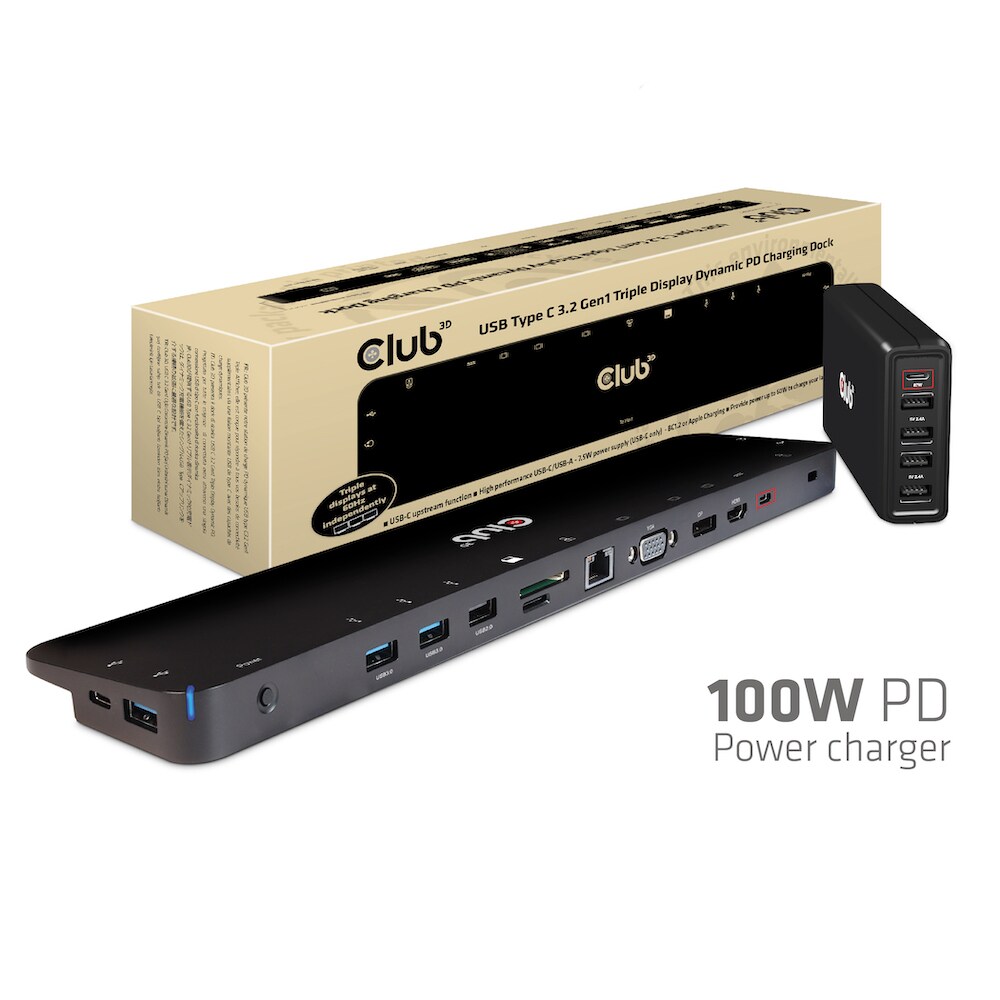 Club 3D USB Gen1 Typ-C Triple Display Dynamic PD Charging Dock m. 100 Watt