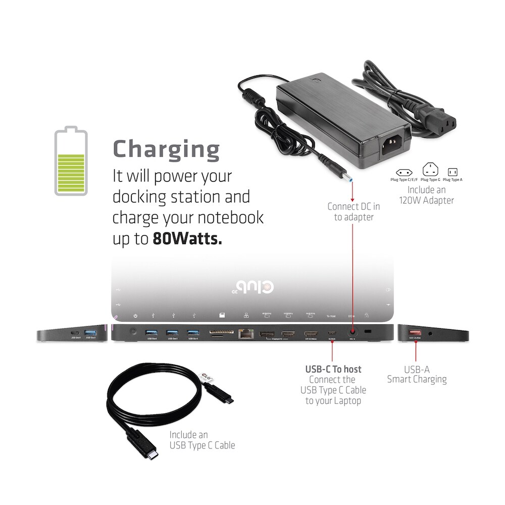 Club 3D USB Gen1 Typ-C Triple Display DP Alt Mode PD Dockingstation 120W