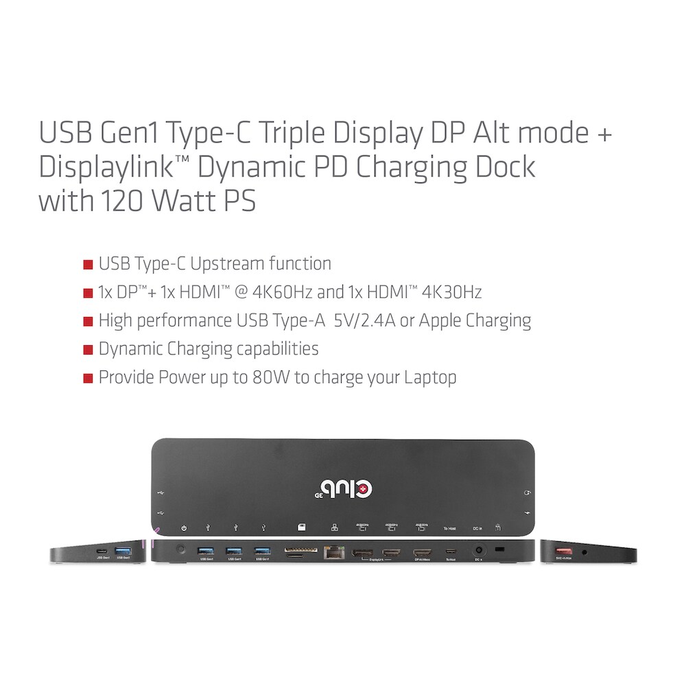 Club 3D USB Gen1 Typ-C Triple Display DP Alt Mode PD Dockingstation 120W