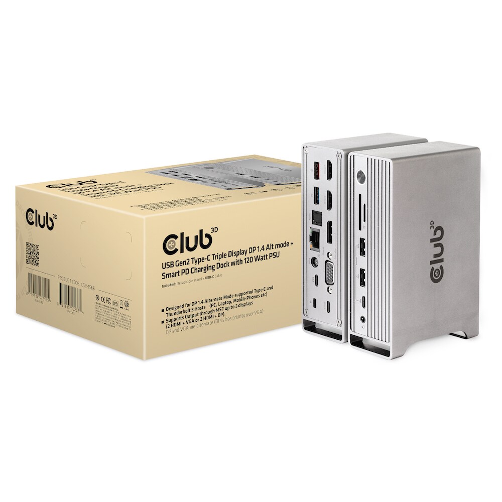 Club 3D USB Gen2 Typ-C Triple Display DP 1.4 Alt Mode Smart PD Ladestation 120W