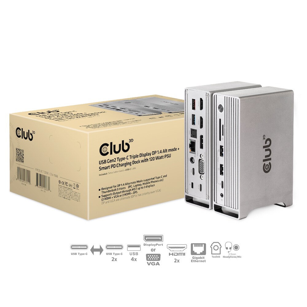 Club 3D USB Gen2 Typ-C Triple Display DP 1.4 Alt Mode Smart PD Ladestation 120W