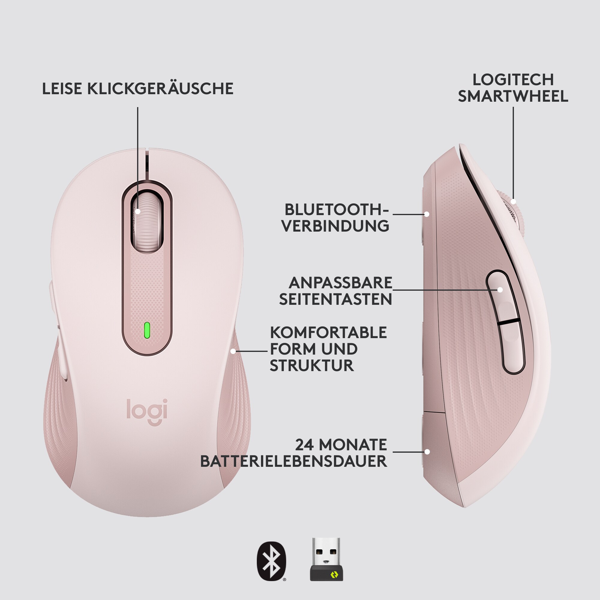 Logitech Signature M650 Gr.M Kabellose Maus Rosa