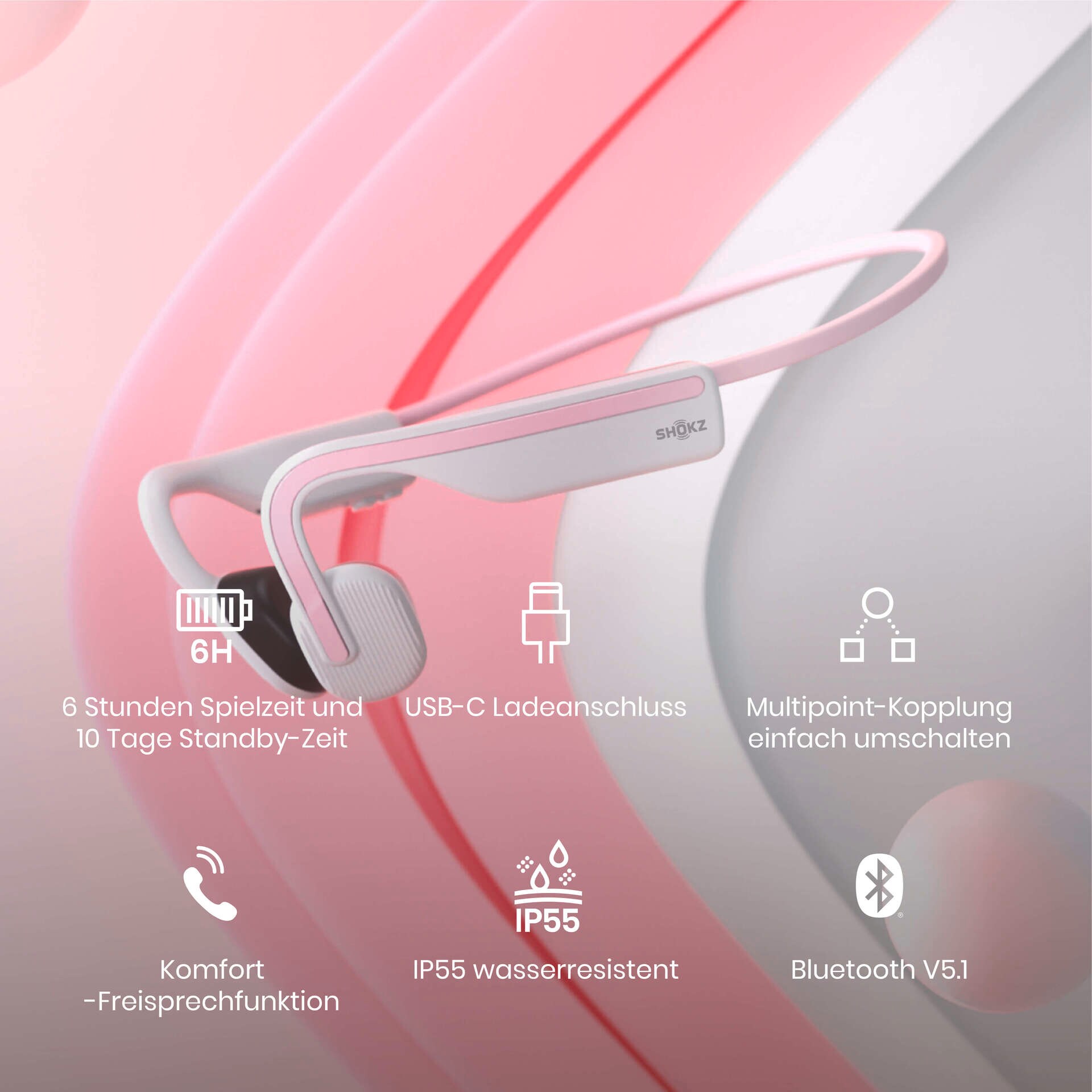 Shokz OpenMove Pink Knochenschall-Sportkopfhörer Bluetooth Open-Ear