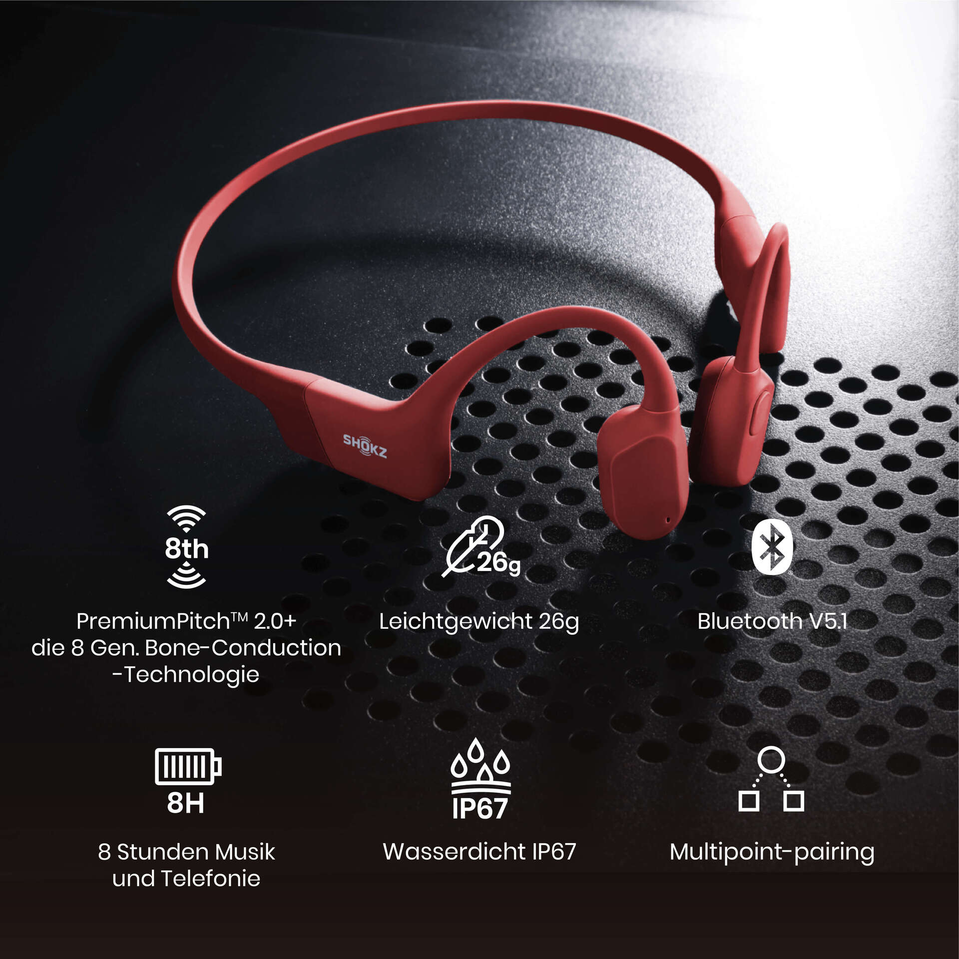 Shokz OpenRun Red Knochenschall-Sportkopfhörer Bluetooth Open-Ear