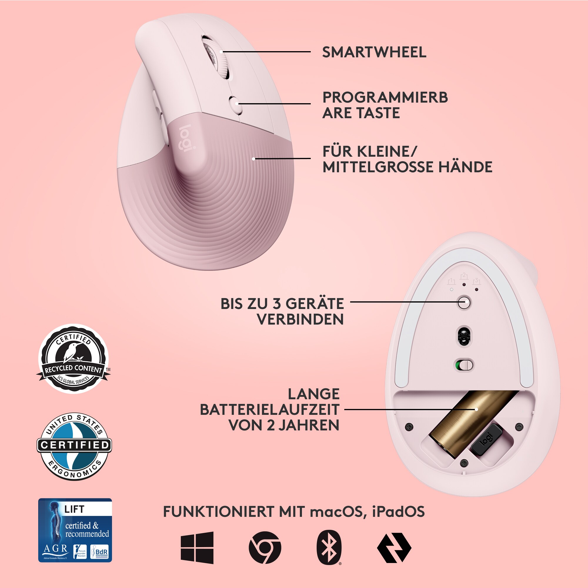 Logitech Lift Vertical Ergonomische Kabellose Maus Rosa