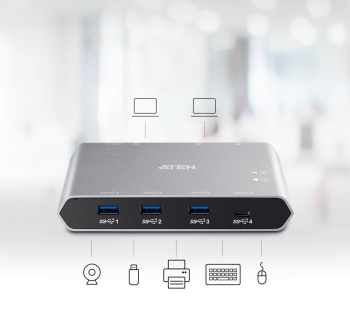 Aten US3342 2 x 4-Port USB 3.0 Sharing Switch Power Pass-Through/ File Sharing