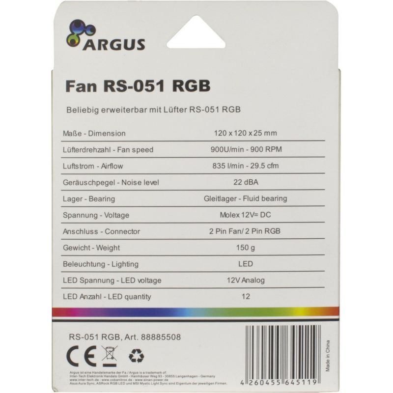 Inter-Tech Argus RS-051 LED, 120 mm Gehäuselüfter mit RGB Beleuchtung