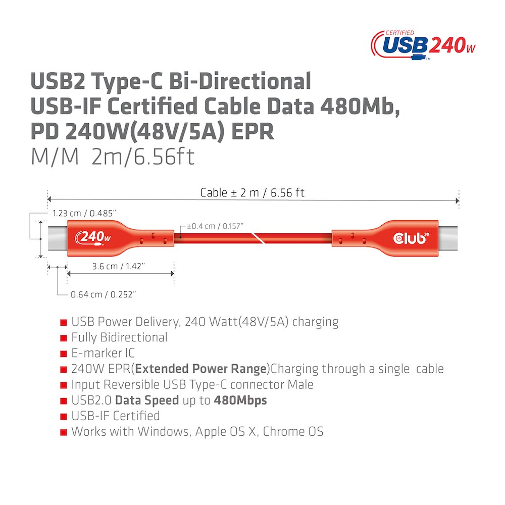 Club 3D USB2 Typ-C USB-IF Zertifiziertes Kabel, Daten 480Mb, PD 240W EPR St./St.