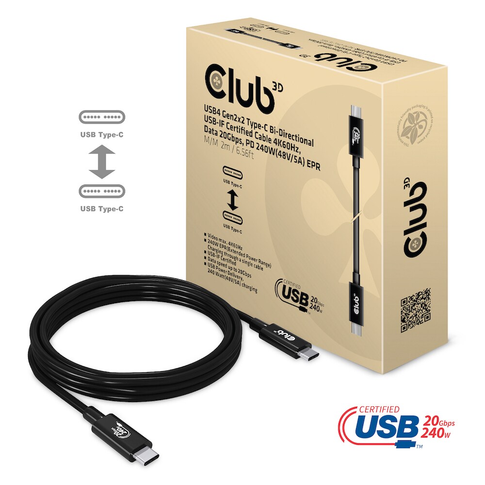 Club 3D USB4 Gen2x2 Typ-C Bi-Direktionales USB-IF Zertifiziertes Kabel 4K60Hz