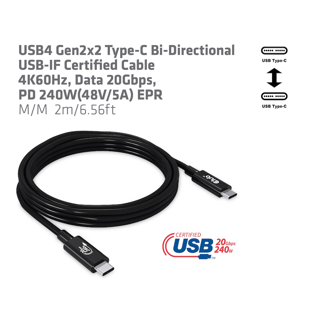 Club 3D USB4 Gen2x2 Typ-C Bi-Direktionales USB-IF Zertifiziertes Kabel 4K60Hz