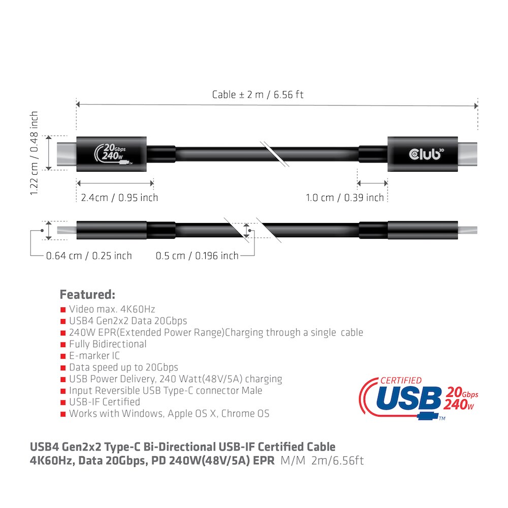 Club 3D USB4 Gen2x2 Typ-C Bi-Direktionales USB-IF Zertifiziertes Kabel 4K60Hz