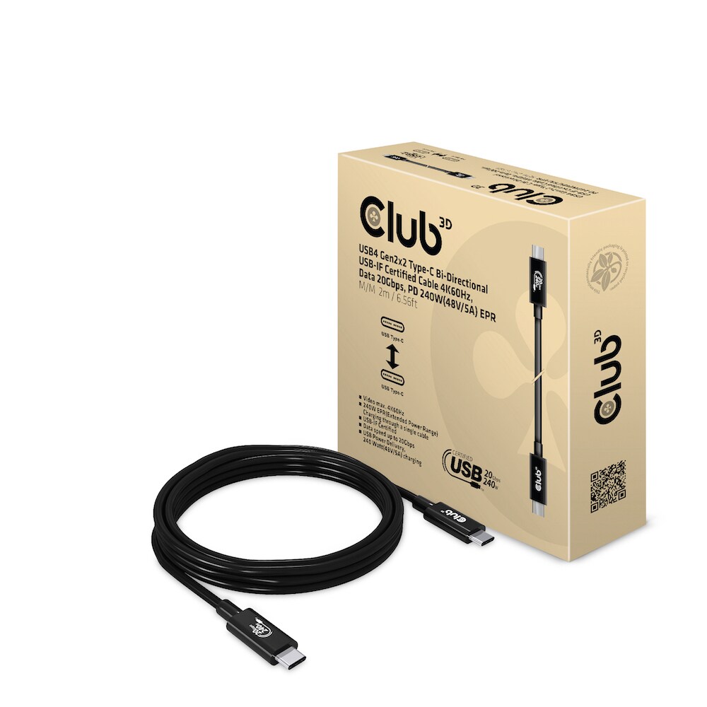 Club 3D USB4 Gen2x2 Typ-C Bi-Direktionales USB-IF Zertifiziertes Kabel 4K60Hz