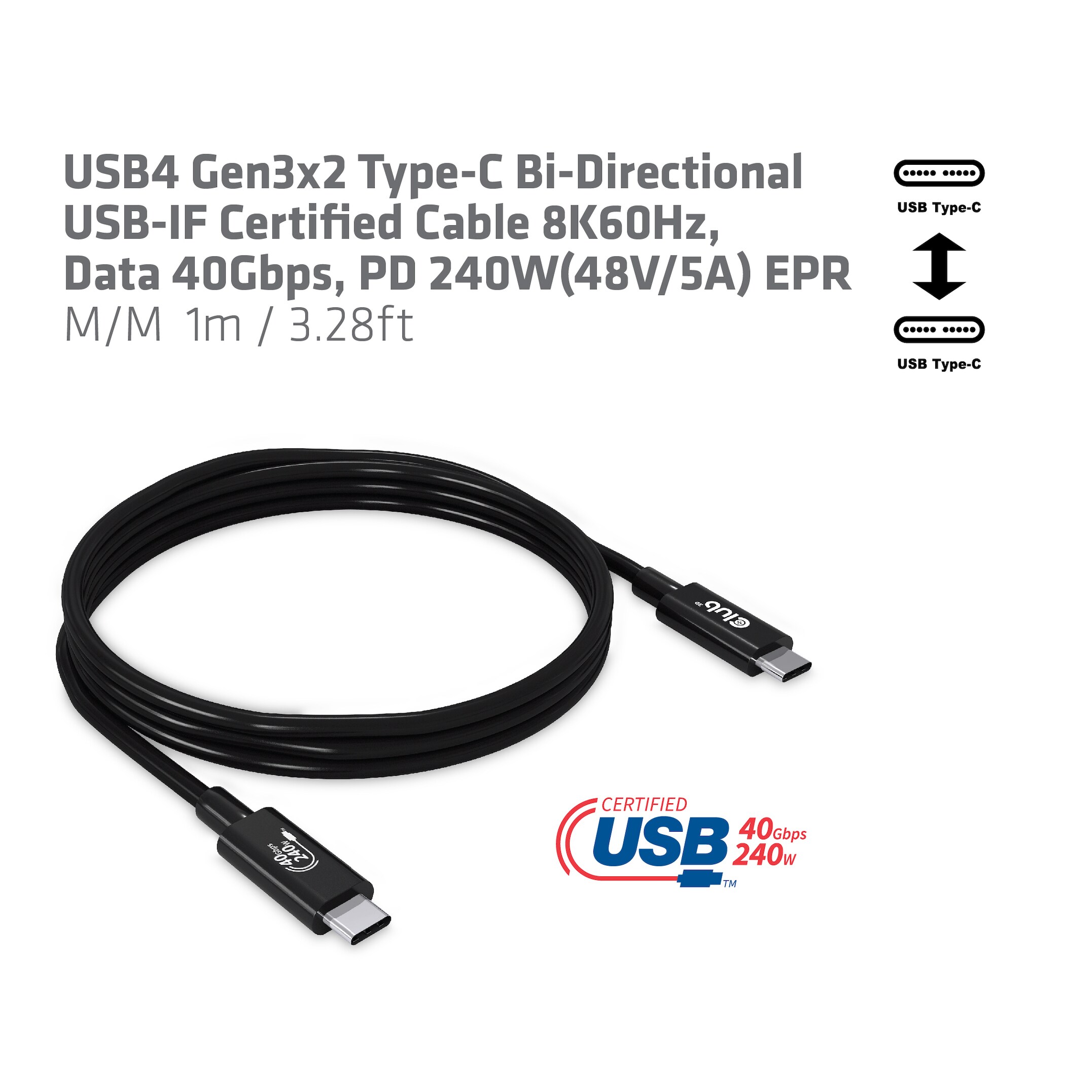 Club 3D USB4 Gen3x2 Typ-C Bi-Direktionales USB-IF Zertifiziertes Kabel 8K60Hz