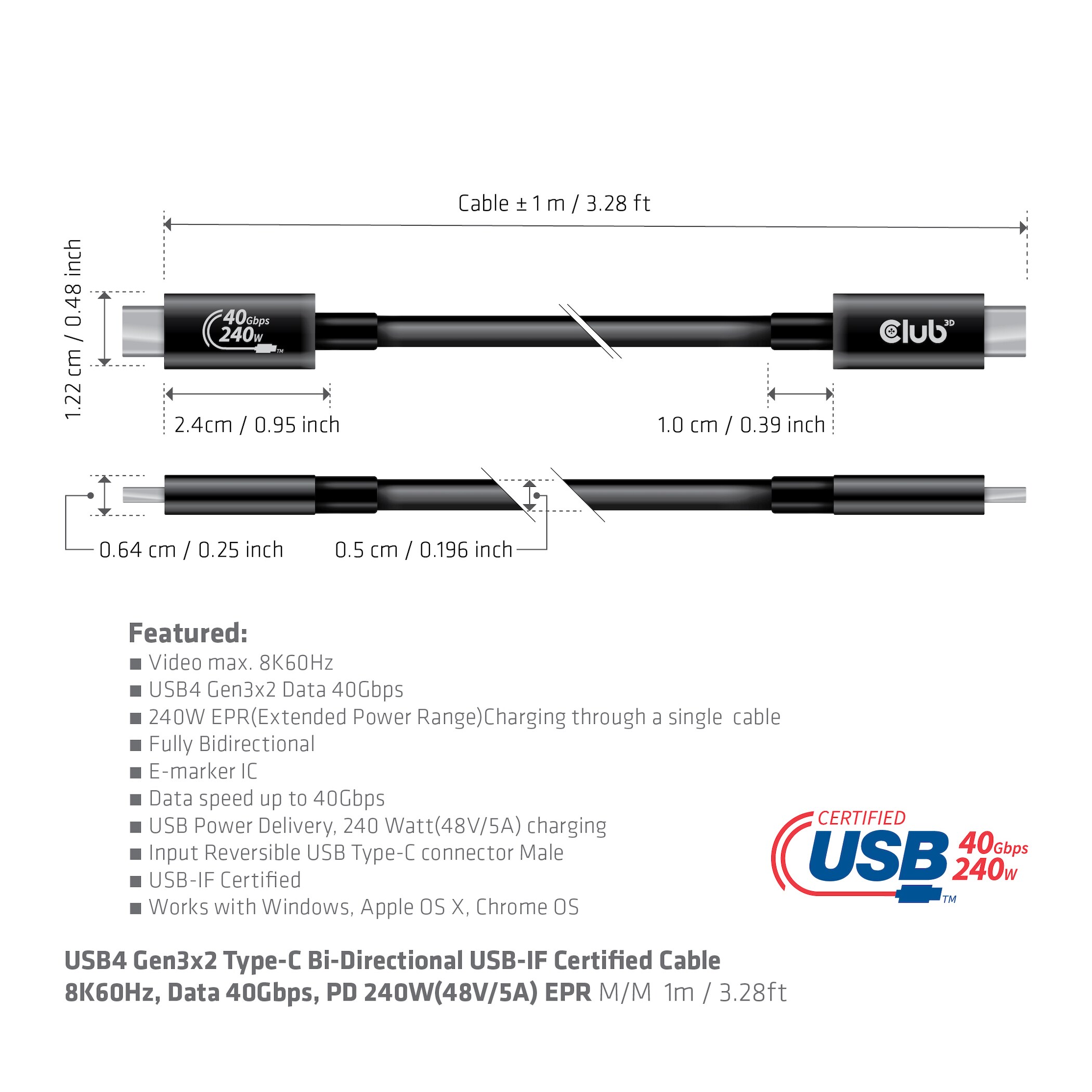 Club 3D USB4 Gen3x2 Typ-C Bi-Direktionales USB-IF Zertifiziertes Kabel 8K60Hz