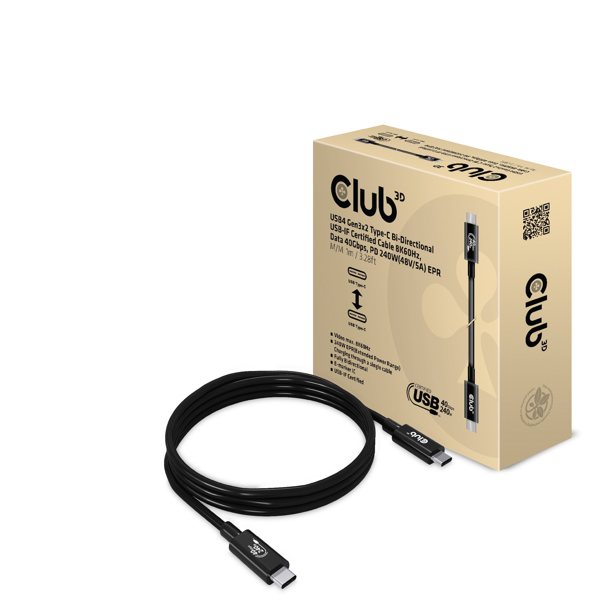 Club 3D USB4 Gen3x2 Typ-C Bi-Direktionales USB-IF Zertifiziertes Kabel 8K60Hz