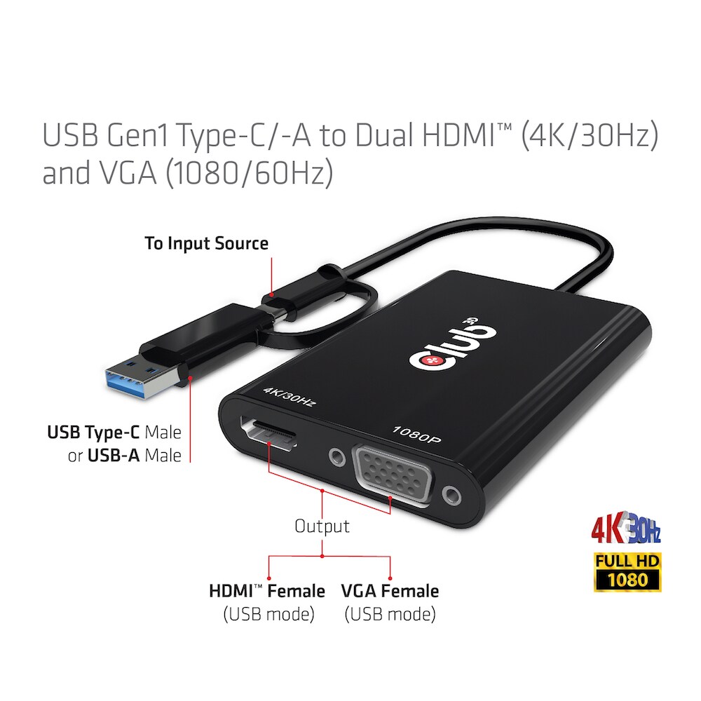 Club 3D USB 3.2 Splitter Type-C/-A zu Dual HDMI (4K/30Hz) + VGA (1080/60Hz)