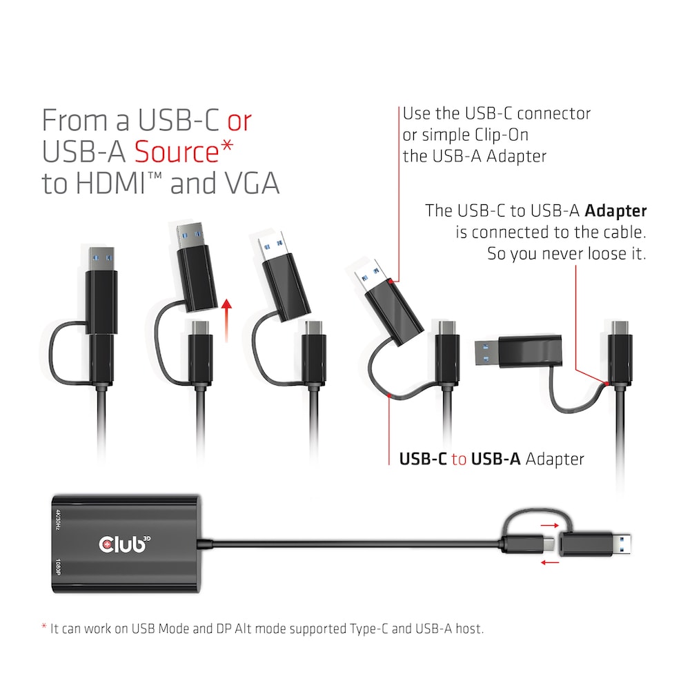 Club 3D USB 3.2 Splitter Type-C/-A zu Dual HDMI (4K/30Hz) + VGA (1080/60Hz)